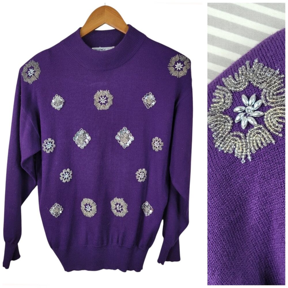 Vintage 80/90s Sequin Beaded Sweater Size Medium Embroidered Granny Purple